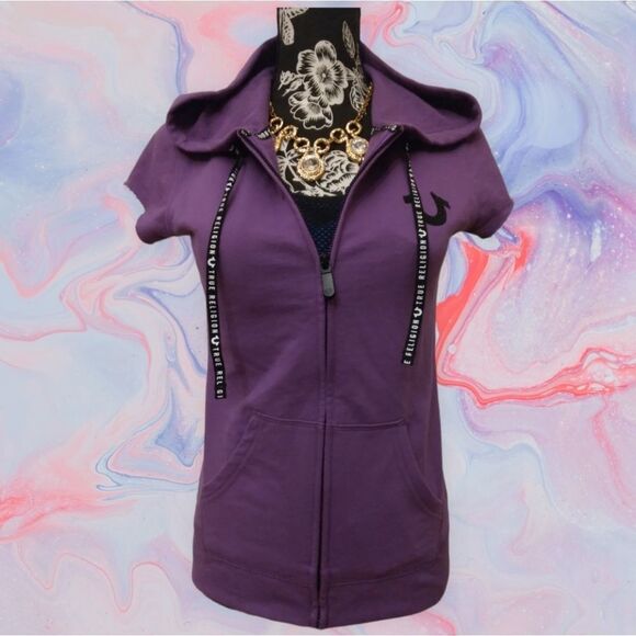 True Religion Women's Zip-Up Hoodie Sweatshirt XS NWT Short Sleeves  Purple - Picture 4 of 15
